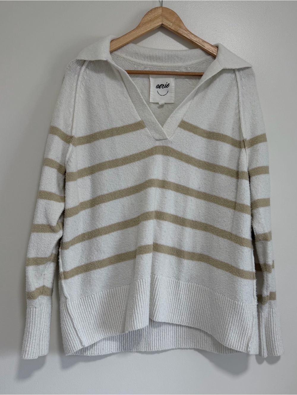 Aerie Striped V-Neck Polo Sweater White Tan Womens XXS Preppy Oversized